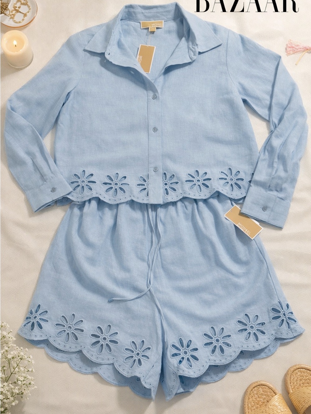 Michael Kors Light Blue Linen-Blend Button top and shorts set